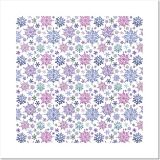 Multi-coloured Snowflake Collage Pattern on White Background Posters and Art